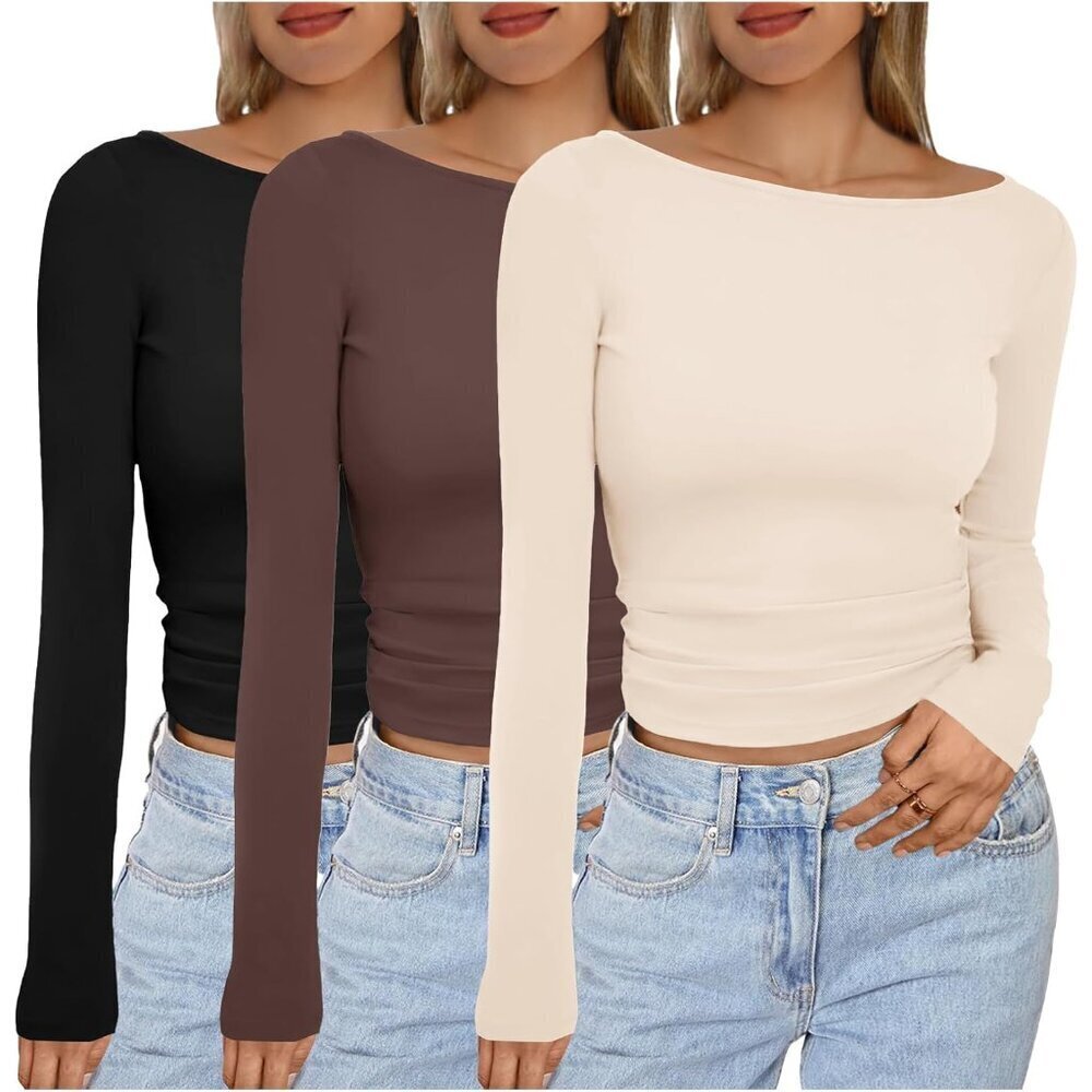 Long Sleeve Casual Shirt Womens Boat Neck Basic Tee Single Layer Top